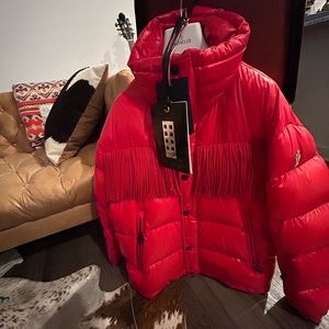 Moncler genius Grenoble Arlaz Giubotto red fringe ski jacket.